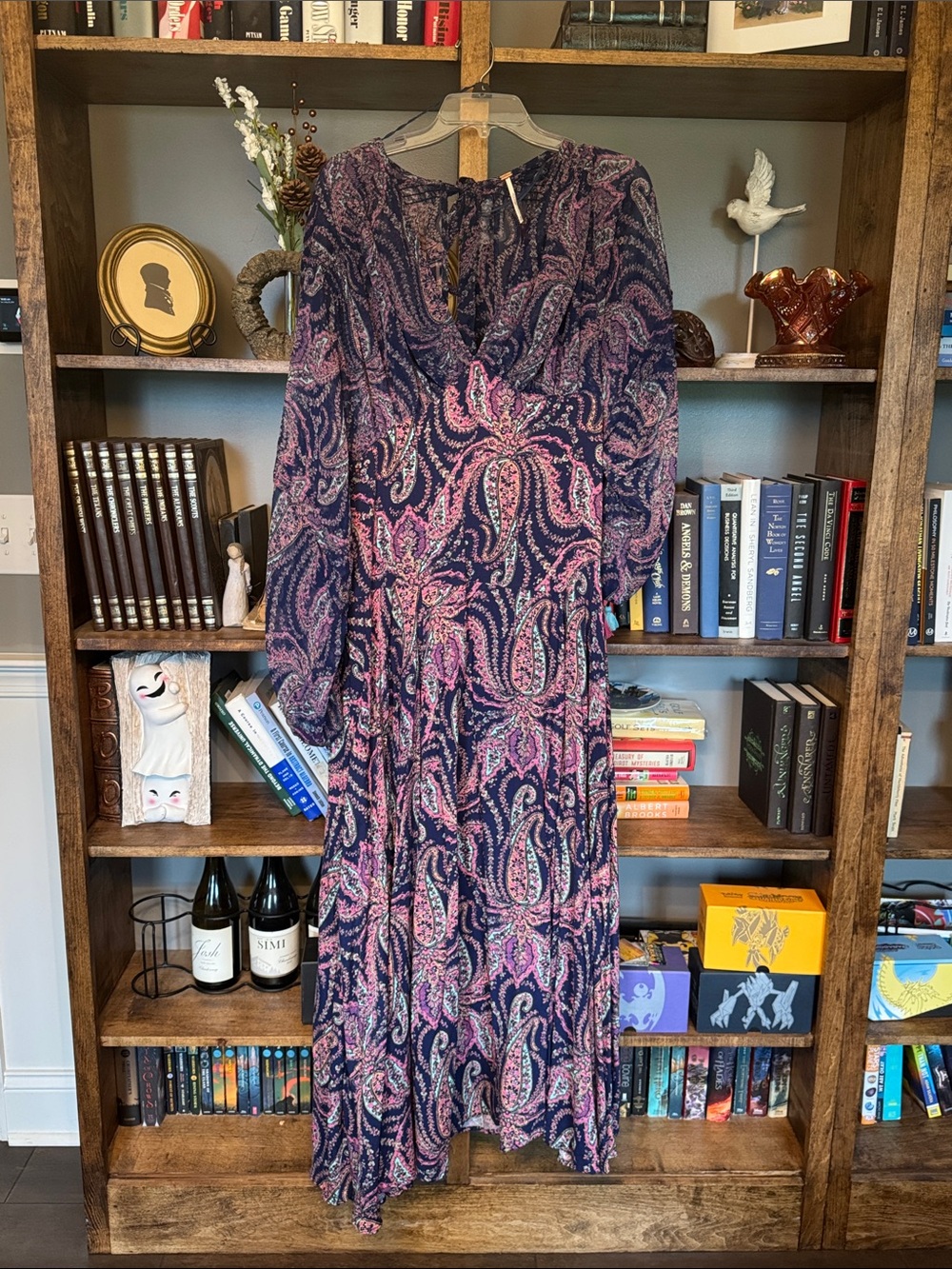 Free People Navy and Pink Paisley Long Sleeve Maxi Dress